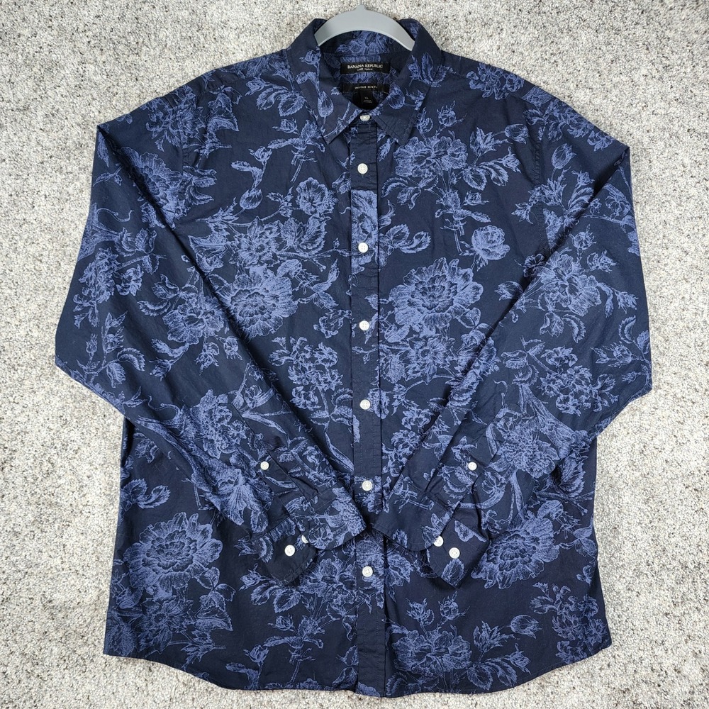 Banana Republic Floral Shirt Mens XL Untucked Slim Fit Luxe Poplin Excellent